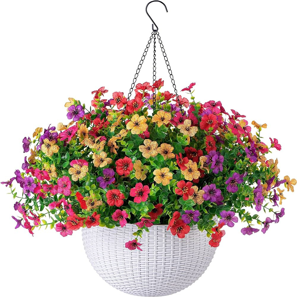 Artificial Faux Hanging Plants Flowers Basket for Outdoor Outside Spring Summer Decoration, Fake ... | Amazon (US)