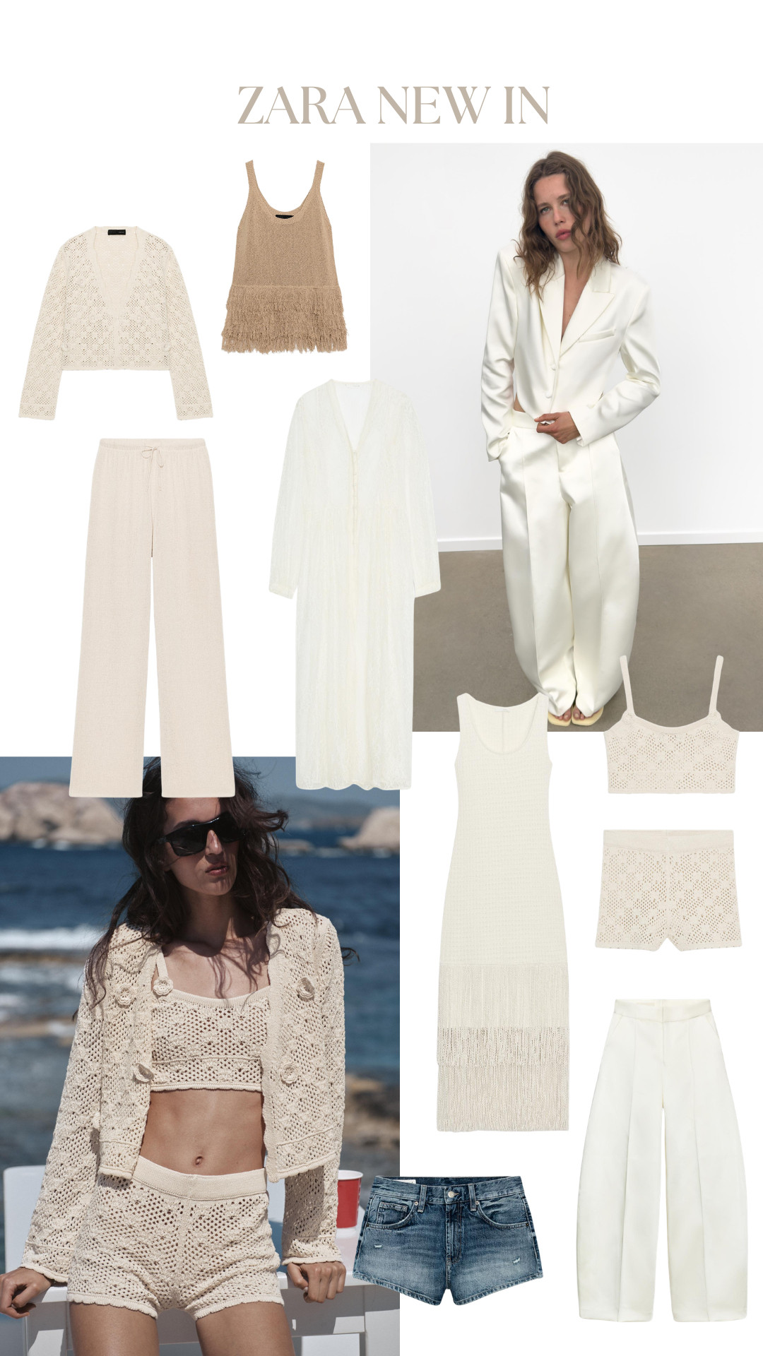 cream knit set, crochet cardigan, crochet shorts, crochet crop top, fringe dress, fringe top, neutral outfit, white blazer, wide leg trousers, white co-ord, summer capsule wardrobe, Zara new in, beachwear, resort wear, textured knit, monochrome style, minimalist fashion, chic separates, denim shorts, elevated basics 

 #LTKspring #LTKsummer #LTKtravel