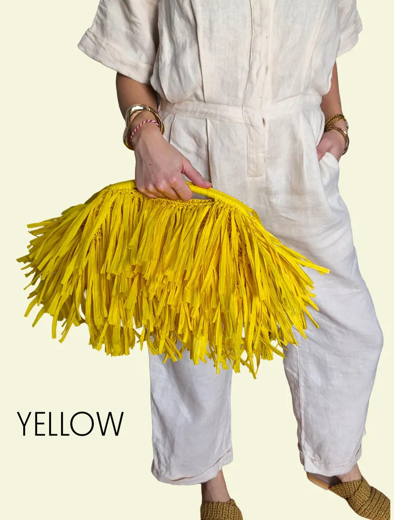 Raffia Fringe Clutch, Boho Top Handle Purse, Handmade Woven Handbag, Personalized Color Summer Ba... | Etsy (US)