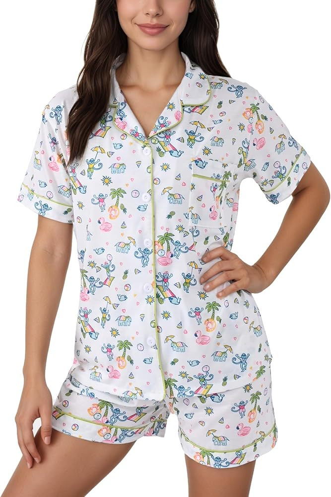 Women's Pajamas Set Button Down Ladies Summer Pajamas Monkey Printed Sleepwear Short Sleeve 2 Pc ... | Amazon (US)