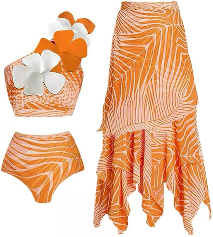 Women 3 Piece Swimsuit Ruffle Floral Print Vintage Bikini Swimwear with Cover up Wrap Summer Holi... | Amazon (US)