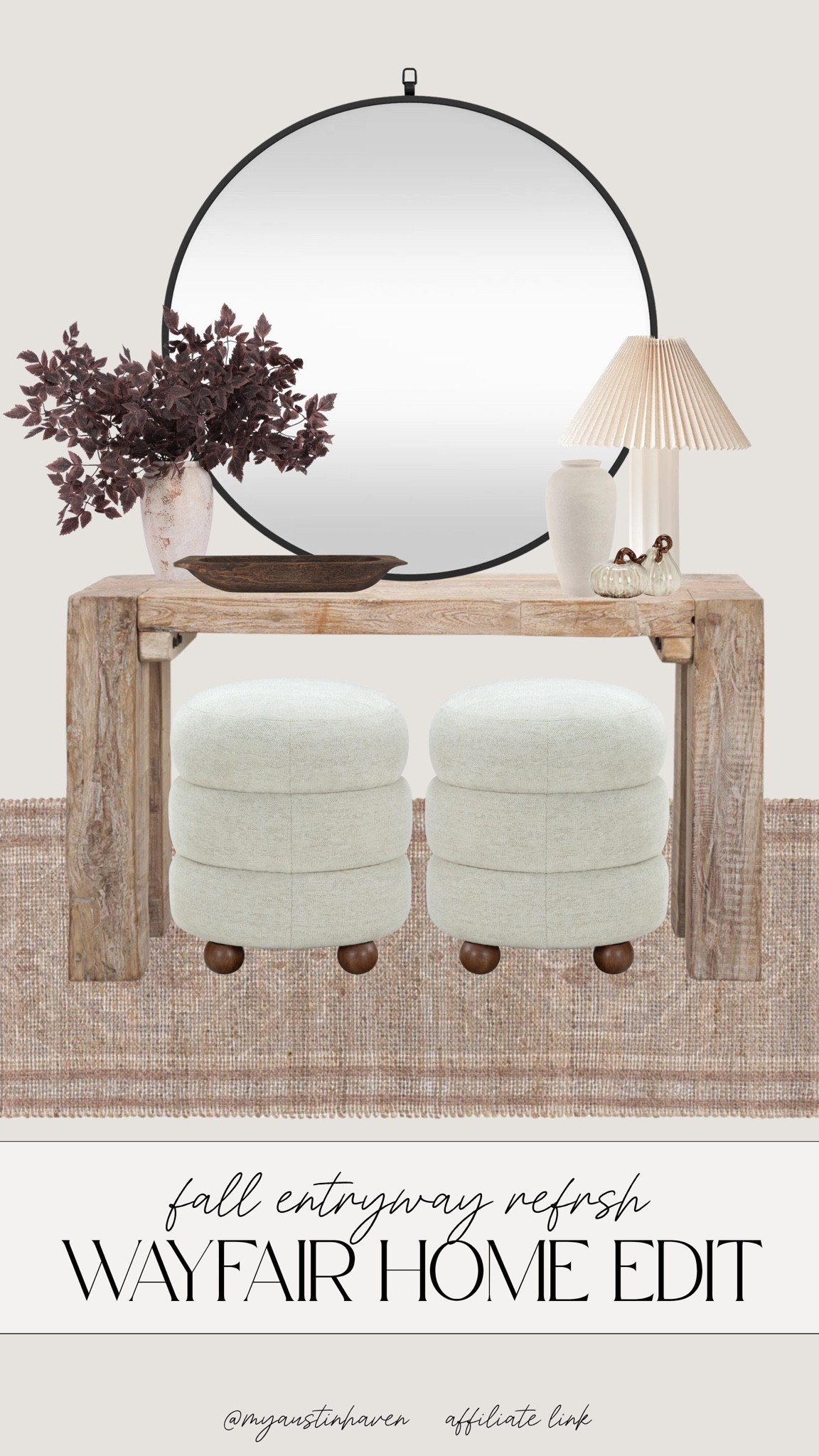 A fall entryway refresh that feels warm, inviting and effortlessly elevated. 🤎 This Wayfair console table, oversized mirror and cozy accent stools create the perfect foundation for seasonal styling.

Wayfair entryway furniture, fall entryway decor, Wayfair home finds, console table styling, neutral entryway ideas, designer-inspired home, oversized round mirror, cozy fall home

#wayfairfinds #wayfairhome #entrywaydecor #fallhome #neutraldecor #affordabledecor #homestyling #foyerdecor #homeinspiration
