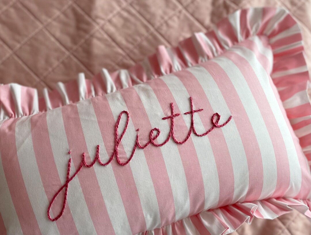 Pink Striped Ruffle Pillowcase With Personalized Name- Hand Embroidered - Etsy | Etsy (US)