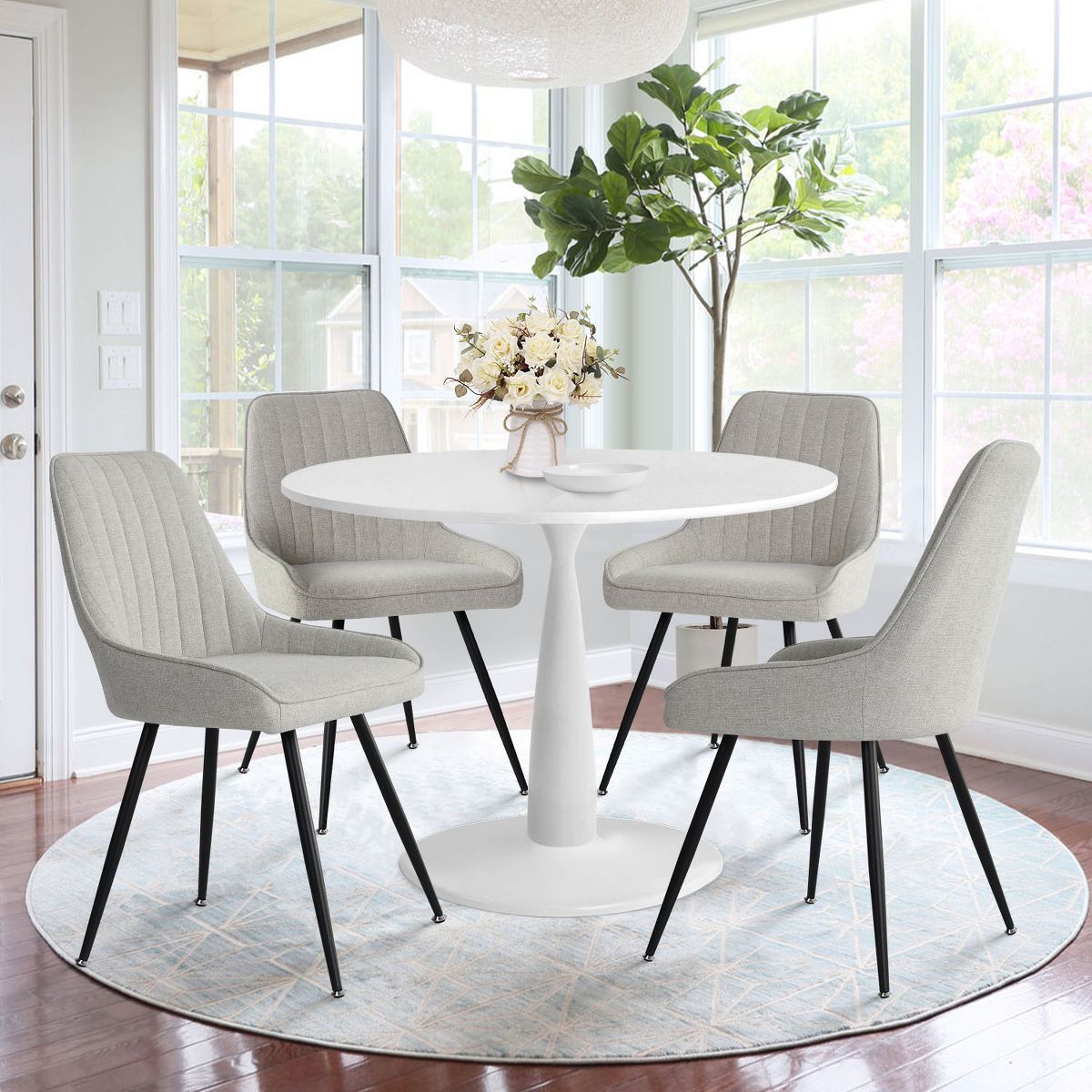White Round Dining Table Set For 4,Round Pedestal Dining Table 35" With 4 Beige Upholstered Fabri... | Target