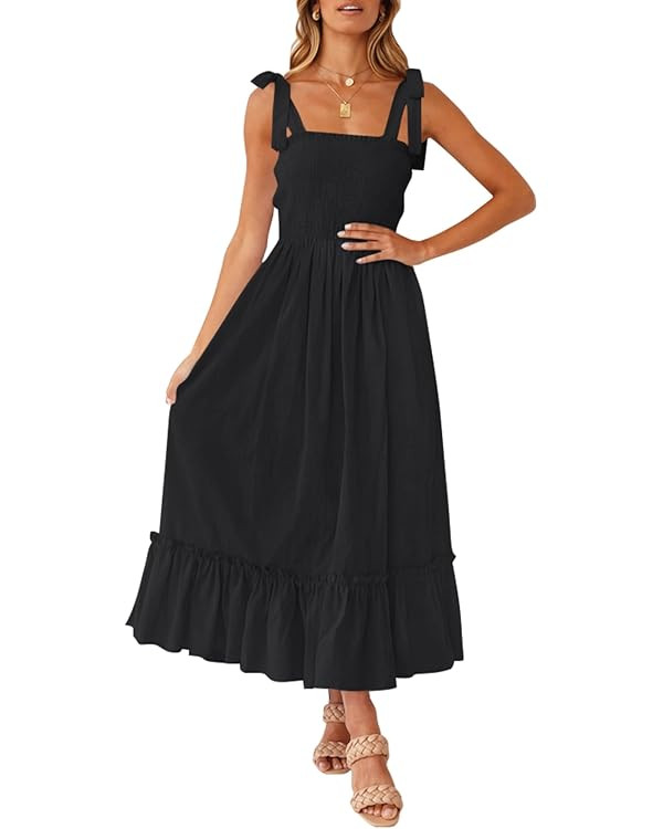 ZESICA Women's 2026 Summer Boho Spaghetti Strap Square Neck Solid Color Ruffle A Line Beach Long ... | Amazon (US)