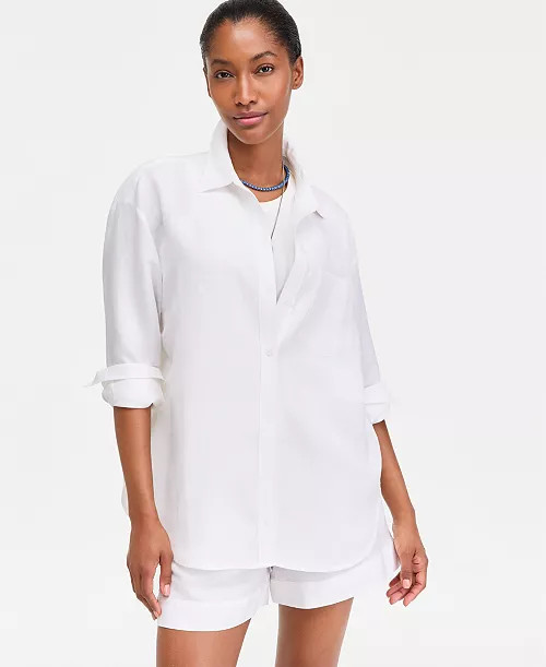 On 34thWomen's Linen-Blend Relaxed Oversized Button-Down Shirt | Macy's