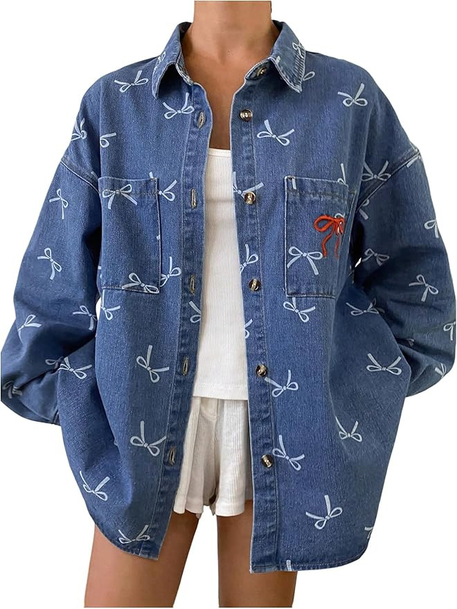 WDIRARA Women's Bow Print Denim Jacket Button Down Long Sleeve Oversized Jean Shacket Jacket | Amazon (US)