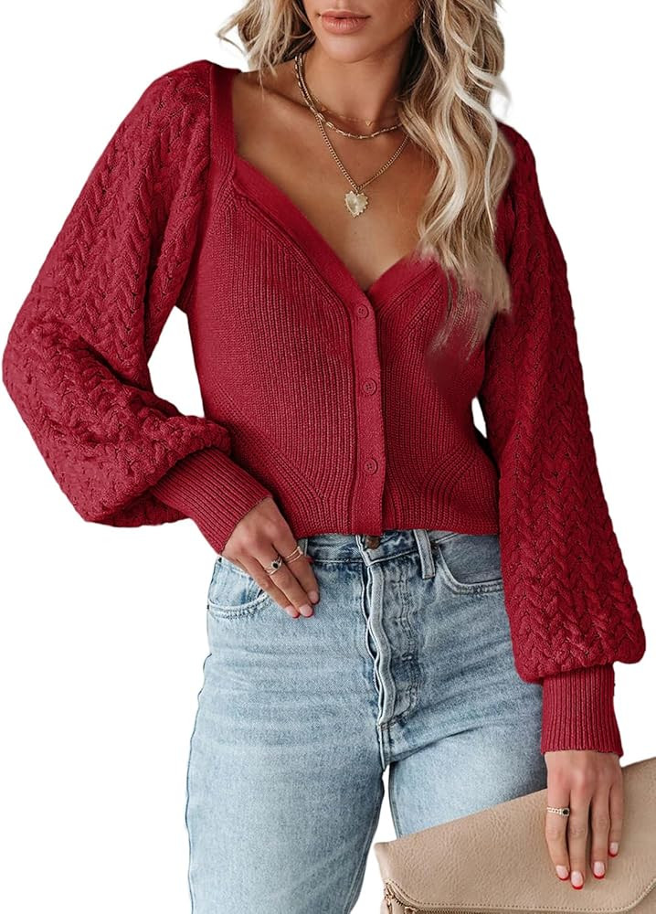 MARZXIN 2024 Cropped Cardigan Sweaters for Women Cute Puff Sleeve V Neck Button Up Y2K Cardigan C... | Amazon (US)
