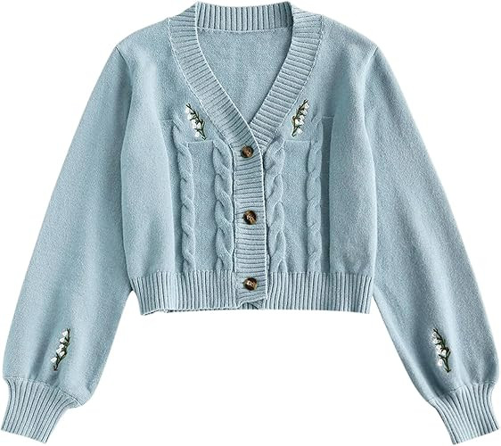 ZAFUL Women's Button Up Embroidered Cable Knit Cardigan V Neck Long Sleeve Cropped Sweater | Amazon (US)