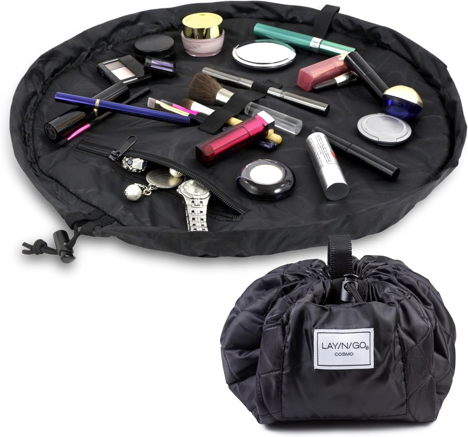 Lay-n-Go Cosmo Drawstring Cosmetic Pouch & Makeup Bag Organizer, Toiletry Bag for Travel, Gifts, and Daily Use, 20 inch, Black | Amazon (US)