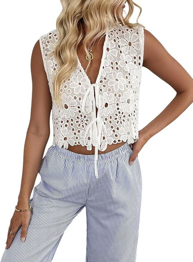 GORGLITTER Women's Eyelet Tie Front Tops Crochet Embroidered Hollow Out Sleeveless Cropped Vest S... | Amazon (US)