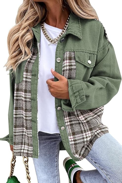 SHEWIN Women's Denim Jacket Long Sleeve Plaid Button Down Shirts Shacket Jacket | Amazon (US)