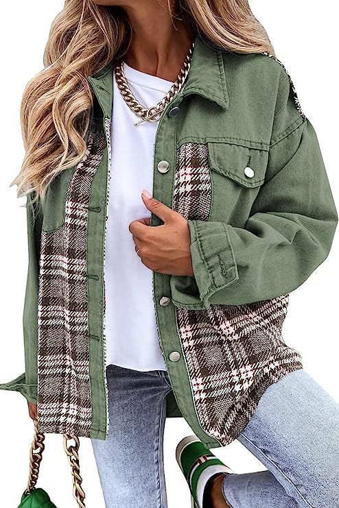 SHEWIN Women's Denim Jacket Long Sleeve Plaid Button Down Shirts Shacket Jacket | Amazon (US)