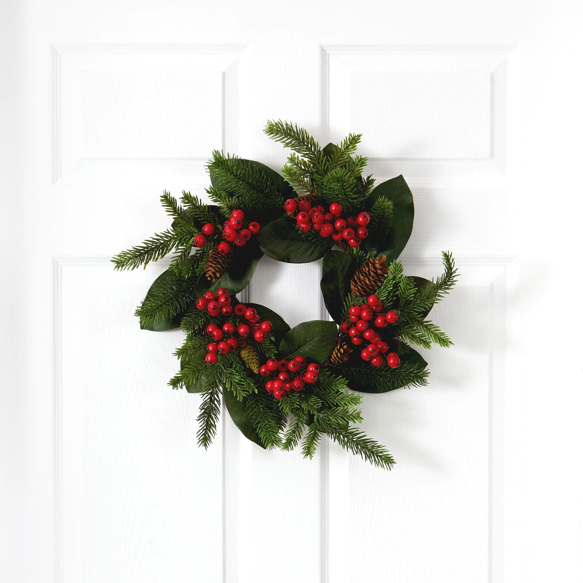 19” Magnolia Leaf, Berry and Pine Artificial Wreath | Nearly Natural | Nearly Natural