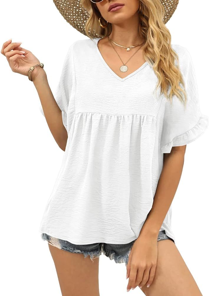 Womens Tops Casual V Neck Ruffle Sleeve T Shirts Babydoll Loose Fit Peplum Tops | Amazon (US)