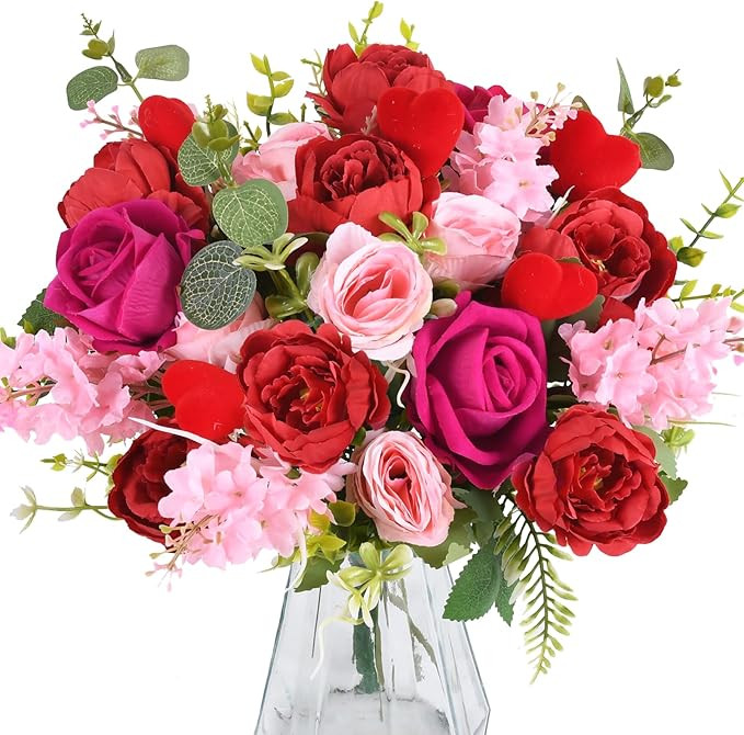 Valentine's Day Decorations Artificial Valentines Flowers with Heart Silk Pink Roses Flowers Bouq... | Amazon (US)