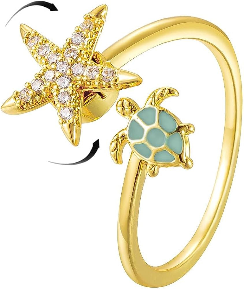 Dainty CZ Starfish Sea Turtle Open Adjustable Fidget Rings for Women Cute Crystal Sea Star Anxiet... | Amazon (US)