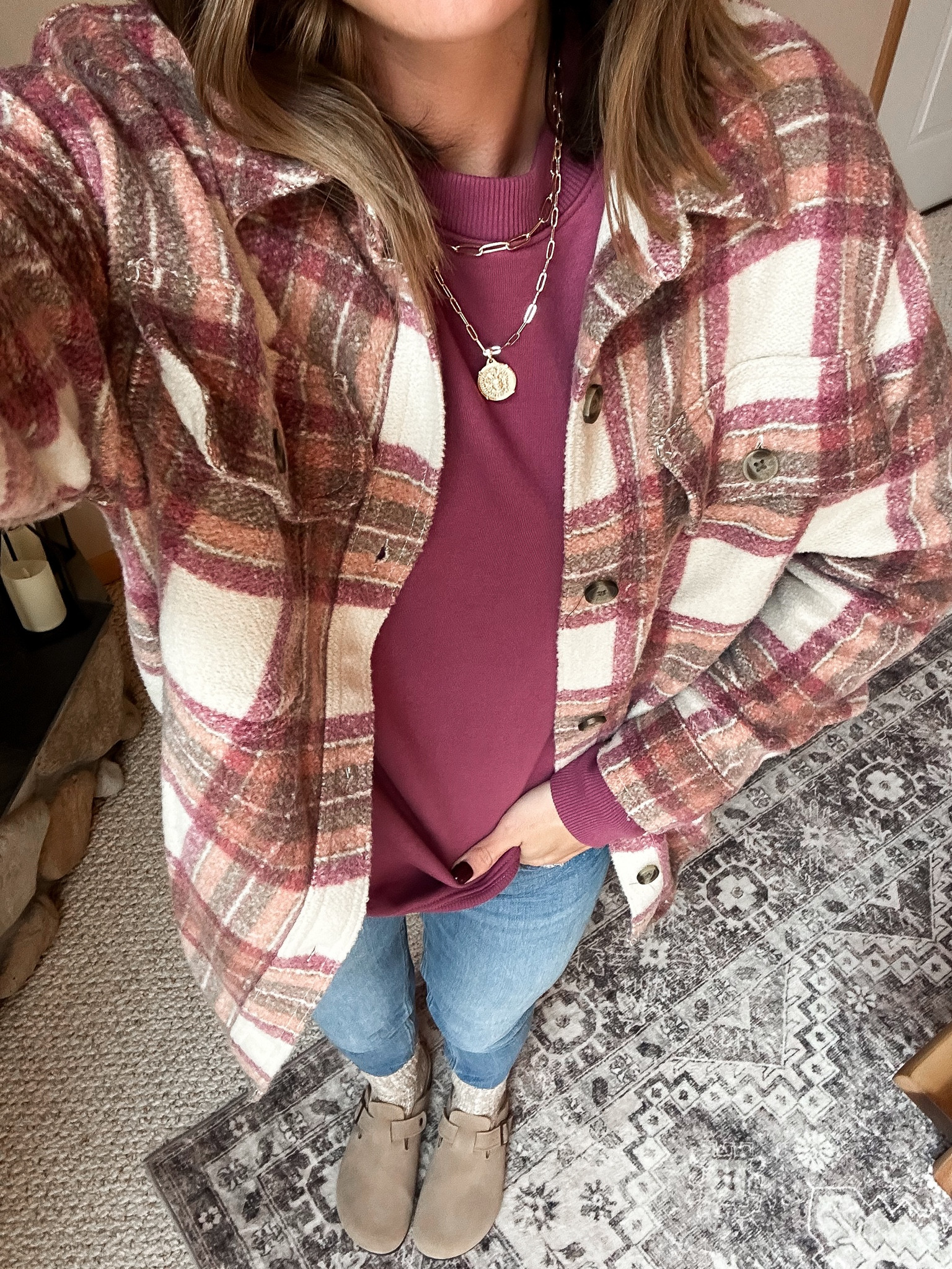 Todays cozy fall outfit

Sweatshirt - medium 
Shacket - small
Jeans - 26 long 
Clogs - tts 


#LTKfindsunder100 #LTKstyletip #LTKfindsunder50