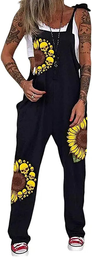 PAODIKUAI Women's Casual Skull Printed Overalls Loose Rompers Jumpsuit with Pockets | Amazon (US)
