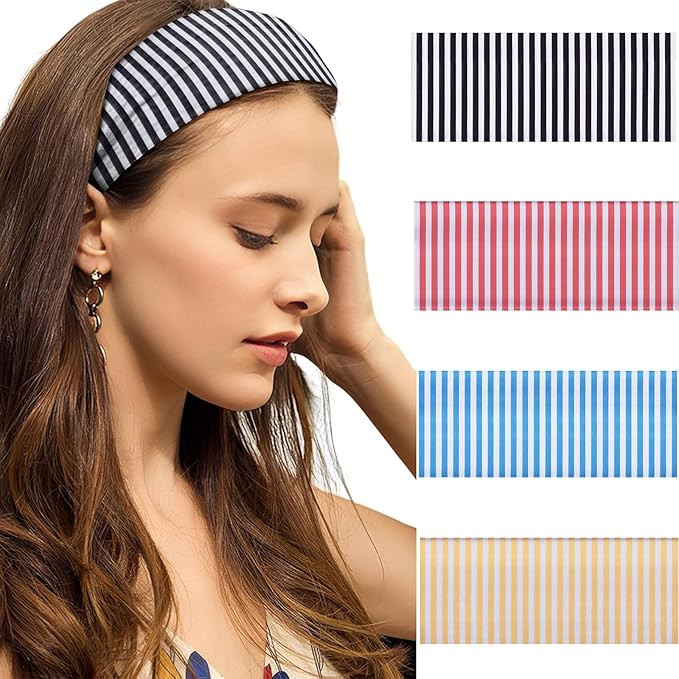4pcs Headbands for Women Striped Wide Head Bands for Women's Hair Non Slip Wraps Elastic Stretchy... | Amazon (US)