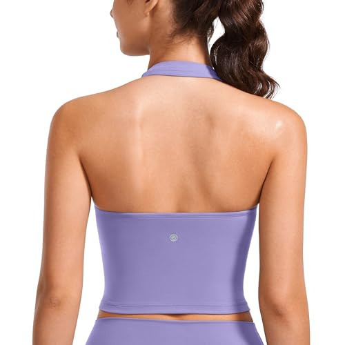 CRZ YOGA Womens Butterluxe Halter Longline Sports Bra - Padded Workout Yoga Crop Tank Tops with Built in Shelf Bra Dark Lavender Purple X-Large | Amazon (US)