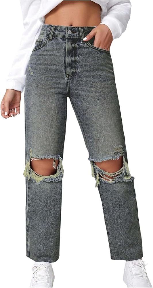 SweatyRocks Women's High Waist Ripped Distressed Cropped Jeans Straight Leg Denim Pants | Amazon (US)