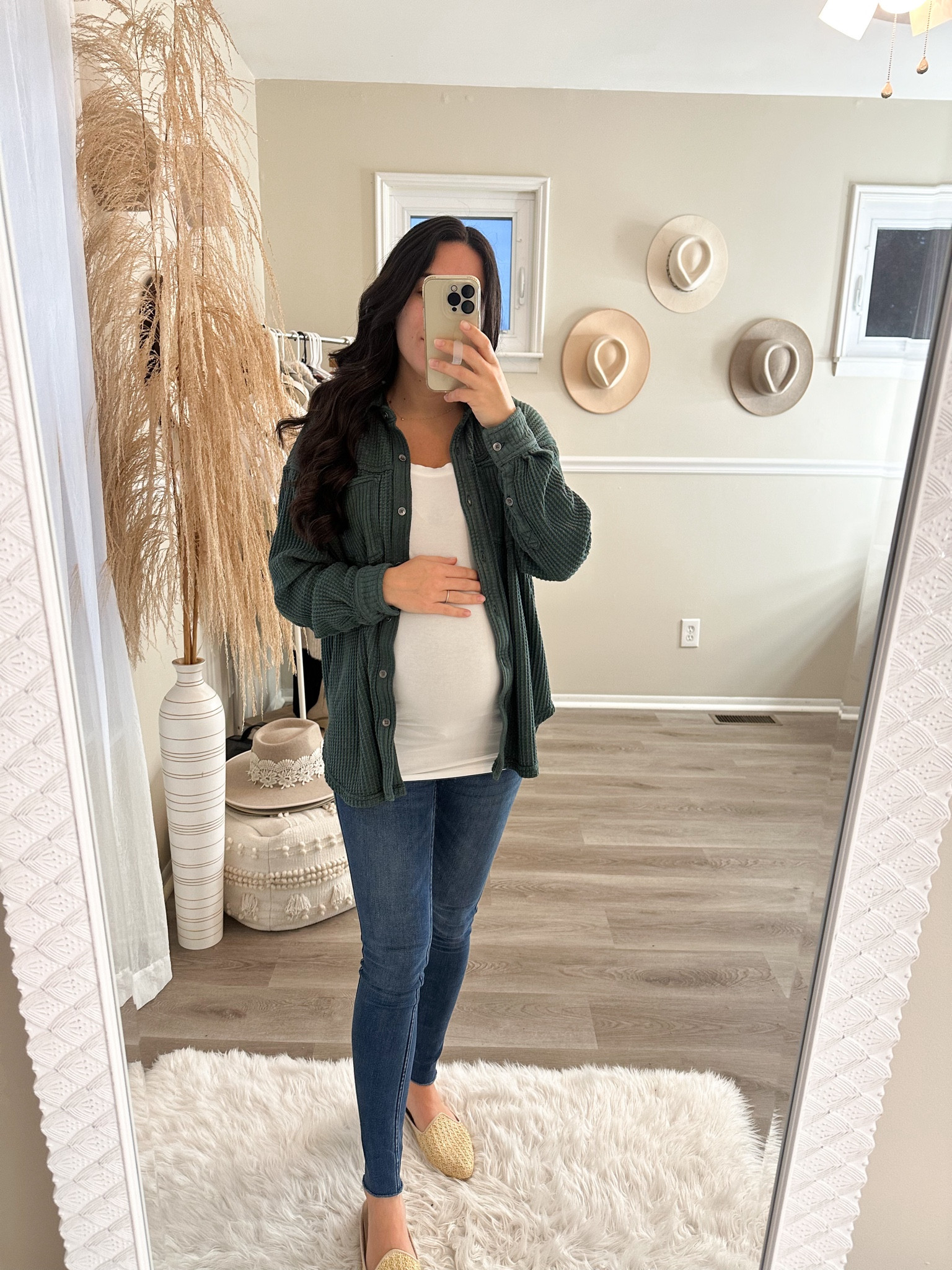 Pregnancy outfit of the day 🤰🏻. Loved this waffle knit button up so much that I had to have it in a second color! Such a great fall/ winter color. Oversized fit so I am able to wear size  XXS. Snag it now on sale! #aerie #bumpstyle #2ndtrimesteroutfits #pregnancyoutfits #pregnancystyle 

#LTKSeasonal #LTKBump #LTKSaleAlert