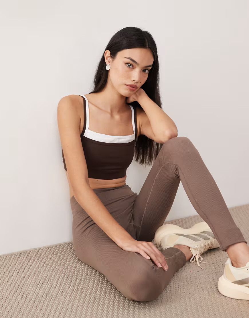 Abercrombie & Fitch YPB sweetheart contrast trim sports bra in brown | ASOS (Global)