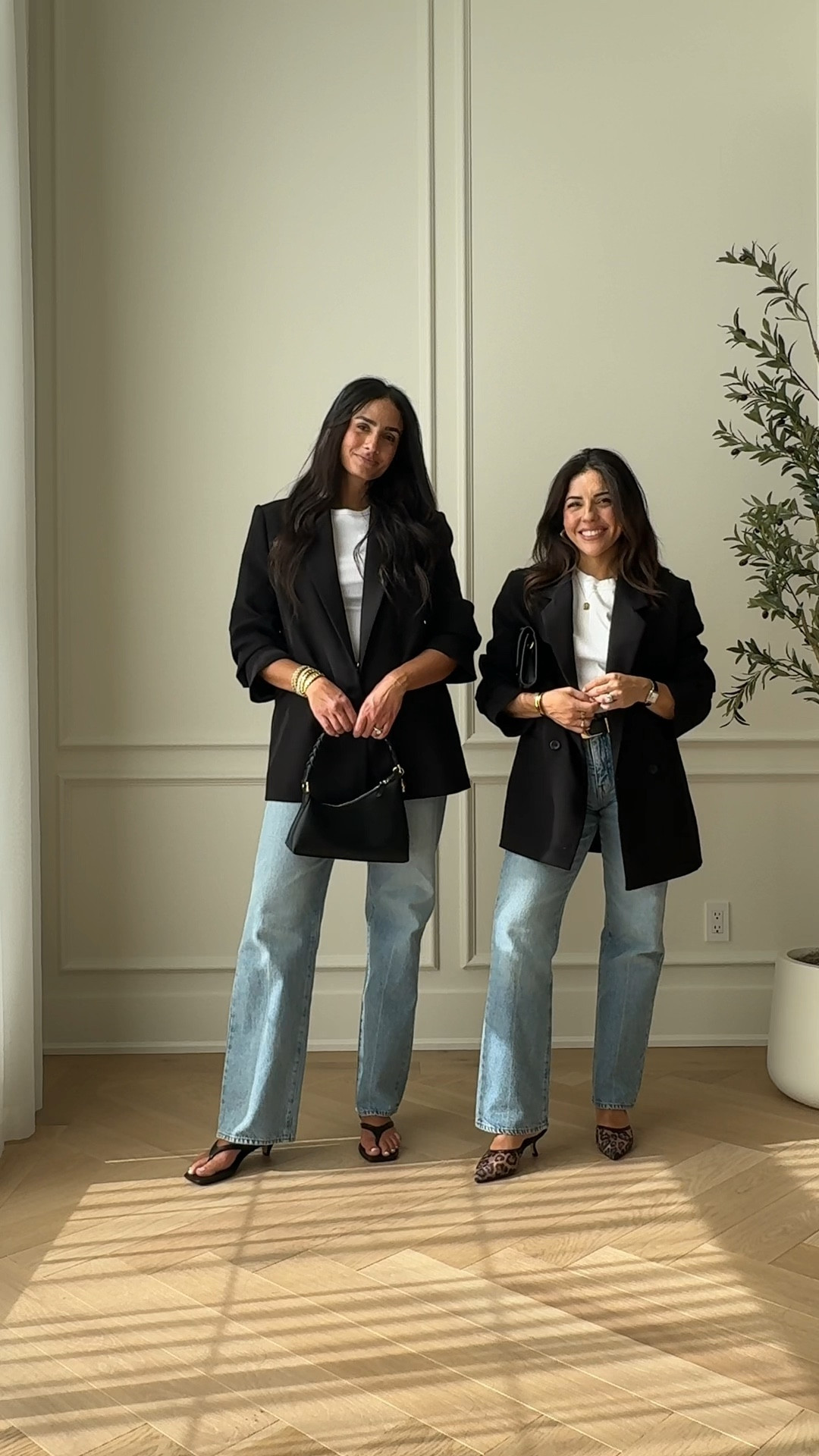 Welcome 🤝  we try on the same clothes so you don’t have to guess how they’re going to work on your body.  
For size reference, 
Vanessa is 5’1 wearing jeans in a 25 short 
Tshirt in a XS 
Blazer in XXs/xs 

Chantel is 5’8 
Wearing 29 tall in jeans 
Small in tshirt 
S/M in the blazer 
The denim in todays reel comes in 3 length options - Vanessa is in the short length and Chantel is in the tall length 


___________
Tall vs short, millennial fashion, GRWM, millennial mom style, mom style, petite girl, petite fashion, tall girl, tall girl style 

#LTKFashionMonth #LTKpetite #LTKcanada