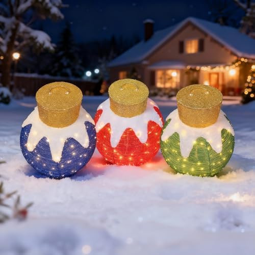 3PC Lighted Pop-Up Outdoor Christmas Ornament Set, Holiday Ball Decoration 240 LED Lights, 8 Ligh... | Amazon (US)