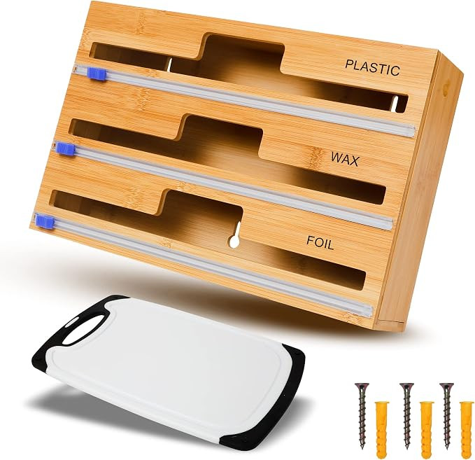 Wrap Organizer 3 in 1 Dispenser with Cutter and Labels Aluminum Foil Plastic Wax Paper Bamboo Dra... | Amazon (US)