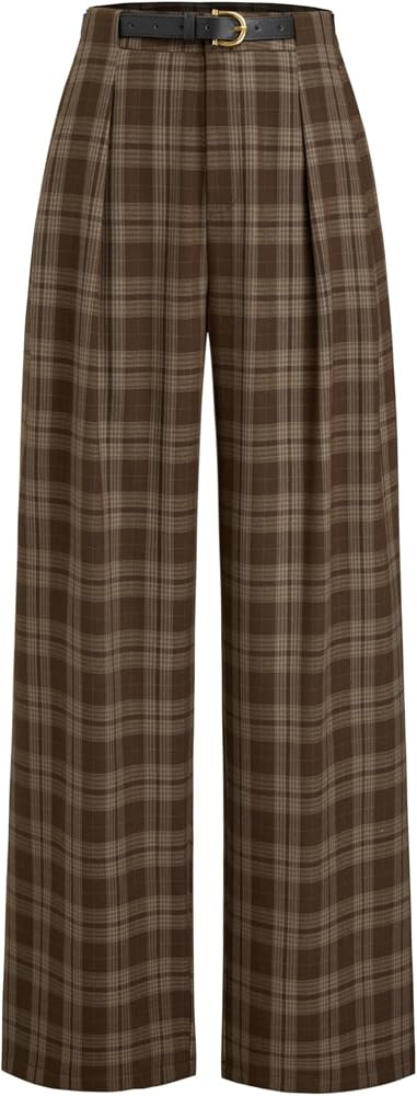 CIDER Wide Leg Pants Woman Mid Waist Checks Pocket Wide Leg Trousers with Belt Casual Plaid Long ... | Amazon (US)