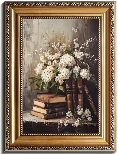 uniro Vintage Gold Framed Wall Art, Moody Books and Flowers Canvas Art Prints Painting, Antique Dark Academia Decor, Rustic Floral Wall Decor Frame Art for Bedroom, Gallary, Living Room, Office, Cottagecore decor - 12x16Inch | Amazon (US)