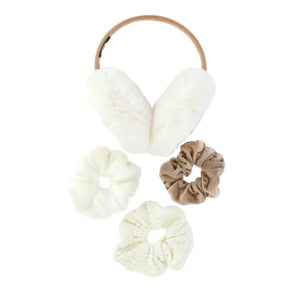 Madden NYC Women's Faux Suede Ear Muffs and Hair Scrunchy Set, 4-Piece, Tan | Walmart (US)