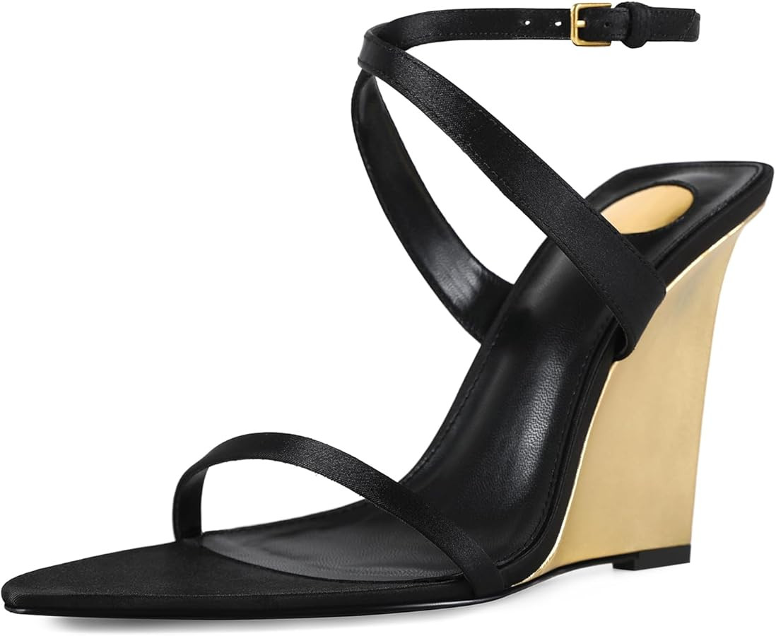 Wedge Sandals for Women Strappy Wedge Heels Pointed Open Toe Heeled Sandals Buckle Ankle Strap He... | Amazon (US)
