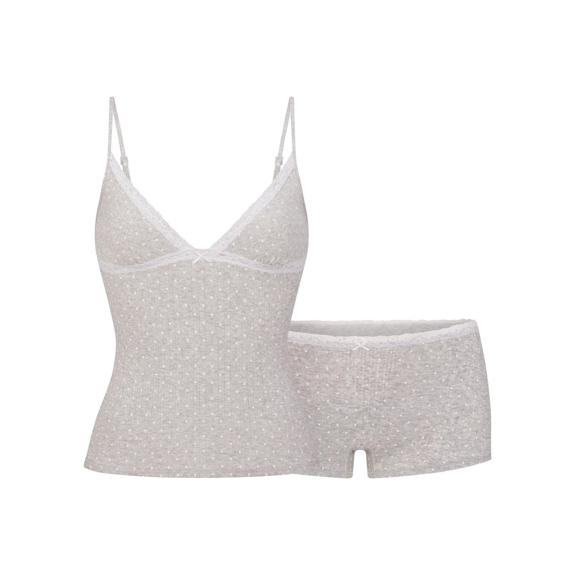 LIGHTWEIGHT COTTON POINTELLE LACE CAMI AND BOY SHORT SET | LIGHT HEATHER GREY PIN DOT | SKIMS | SKIMS (US)