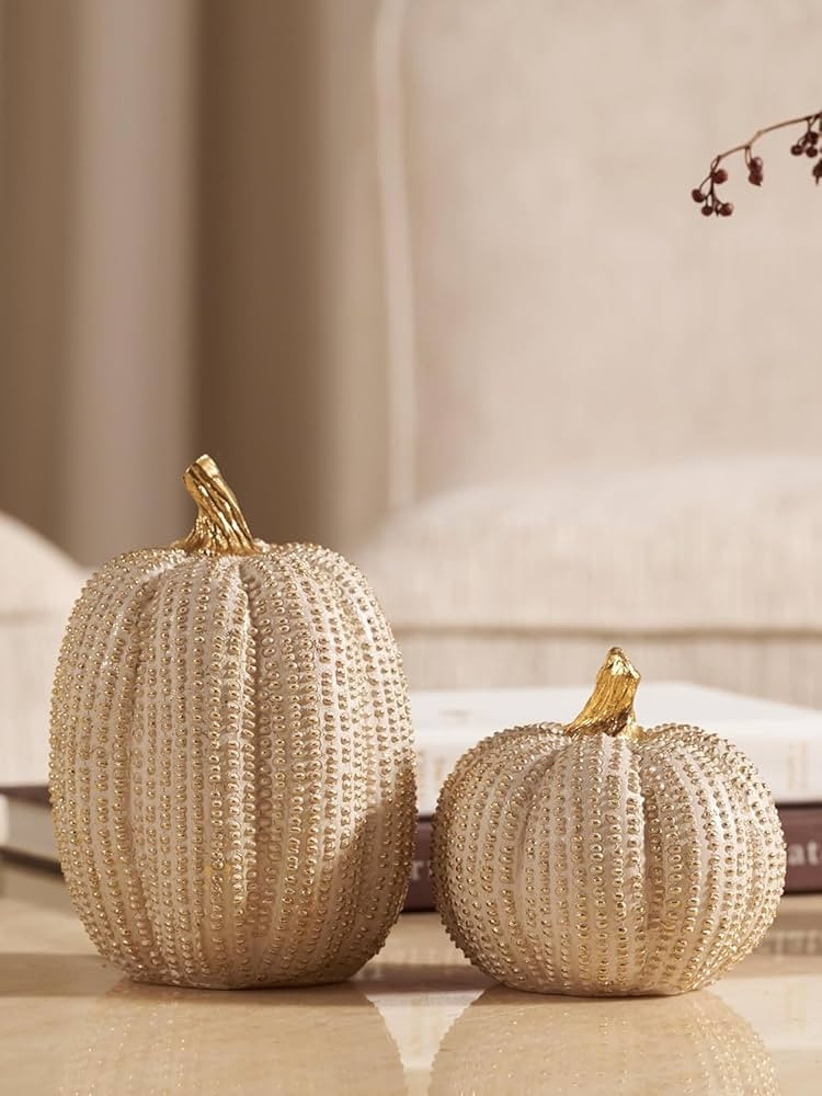 Fall Thanksgiving Pumpkin Decor Figurines, 2 PCS Fake Pumpkin Statues for Tabletop Decorating, Wh... | Amazon (US)