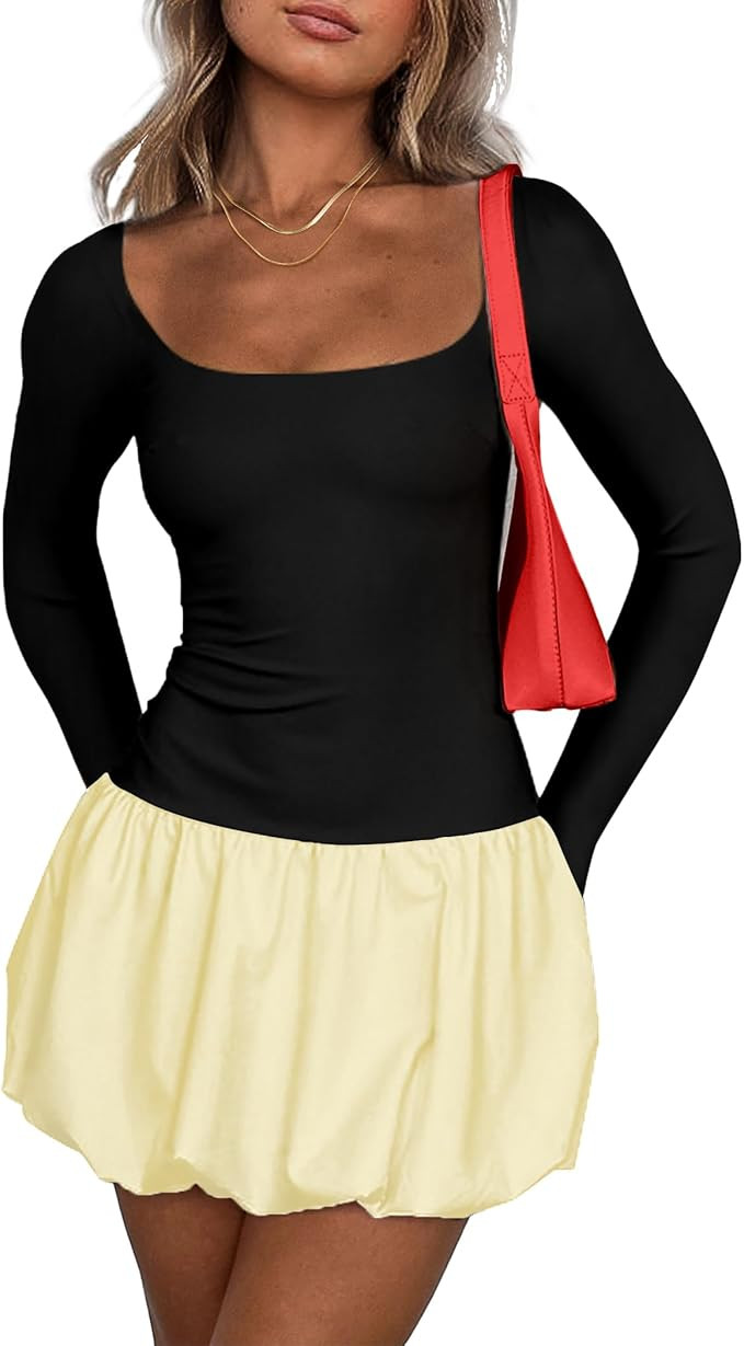 HYPERFIRE Women's Elegant Long Sleeve Scoop Neck Puff Bubble Mini Cocktail Dress Party Club | Amazon (US)