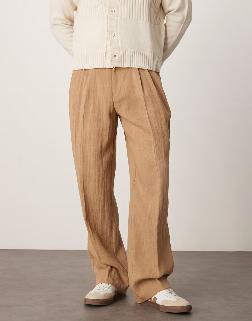 ASOS DESIGN smart wide leg linen look pants with double pleats in light brown | ASOS (Global)