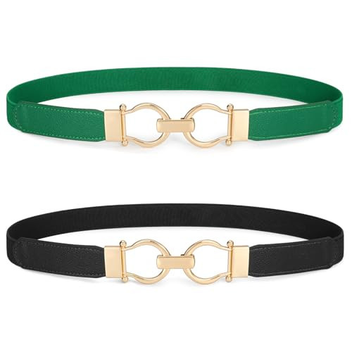 WHIPPY 2 Pack Skinny Elastic Belts for Women Thin Stretchy Waist Belt for Dresses with Gold Buckle, Black+Green, L | Amazon (US)