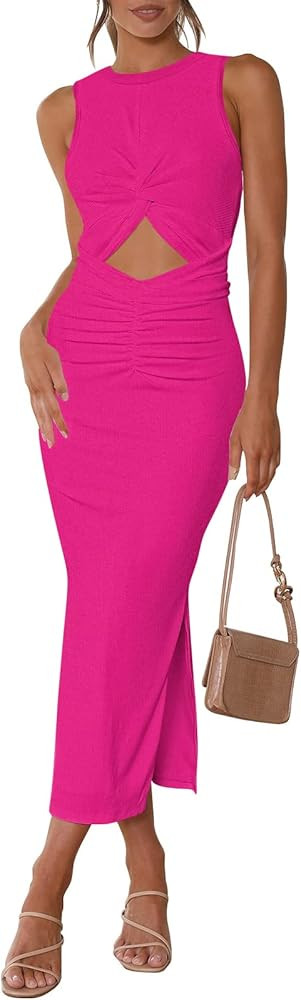 Ceuplon Women's Summer Bodycon Dresses Casual Crew Neck Side Slit Sleeveless Ribbed Cut Out Tank ... | Amazon (US)