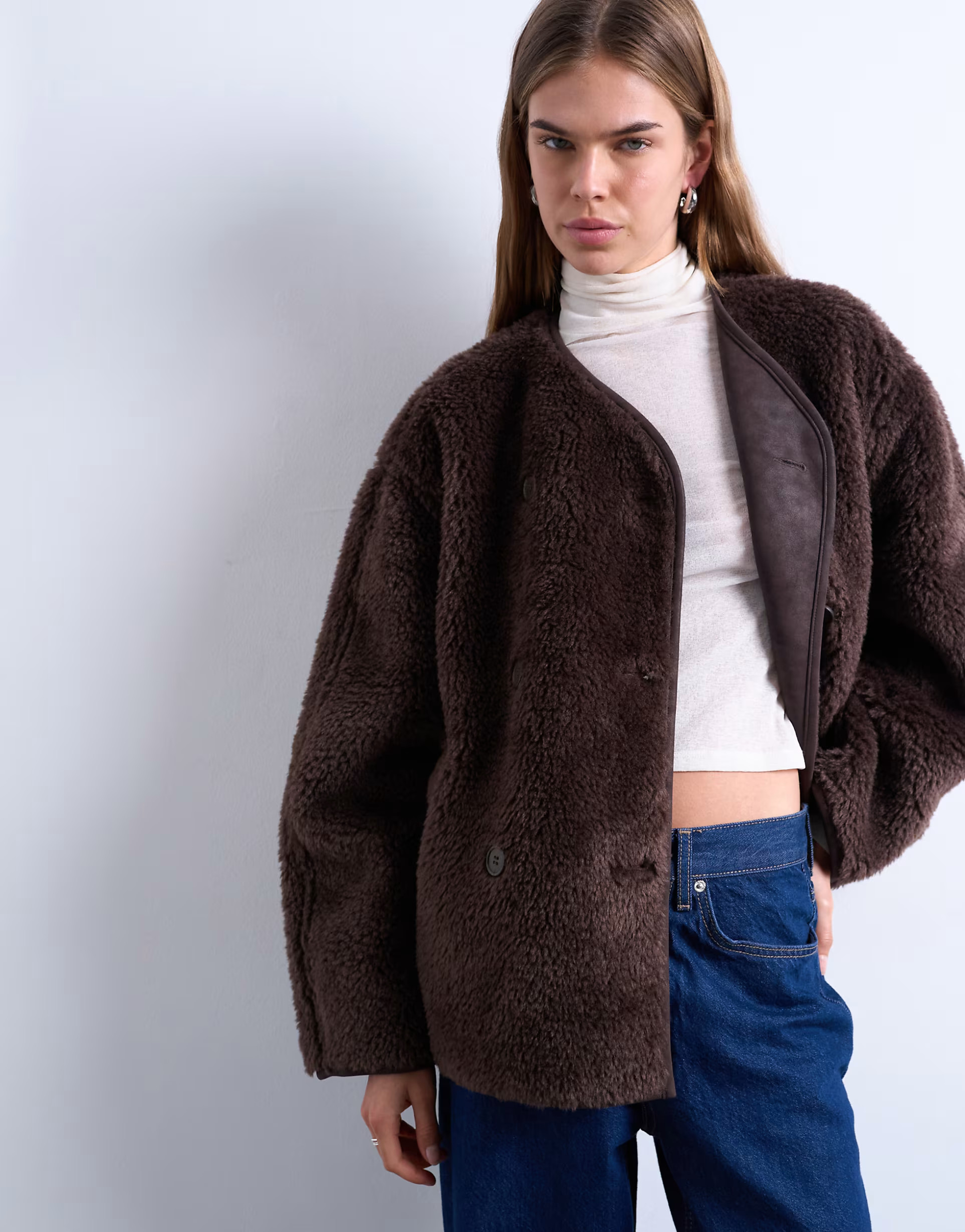 Topshop ovoid short shearling double breasted jacket in choc | ASOS (Global)
