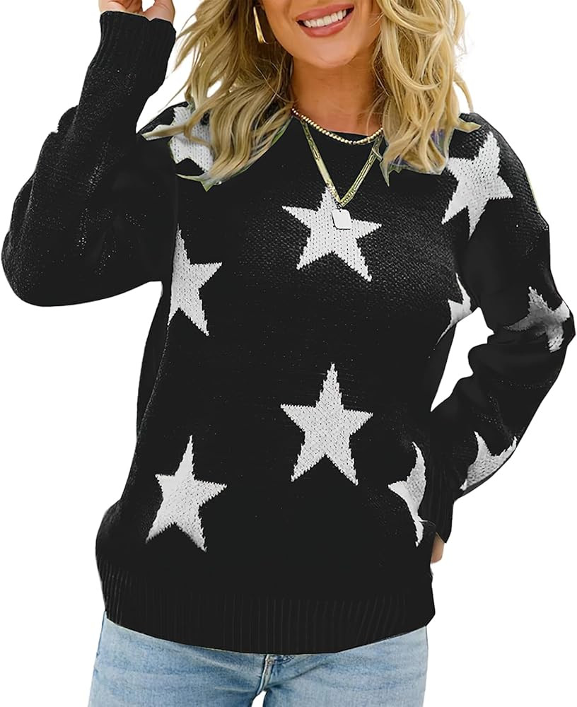 ebossy Women's Sweet Cute Star Graphic Long Sleeve Artistic Aesthetic Cable Knit Sweater Pullover... | Amazon (US)