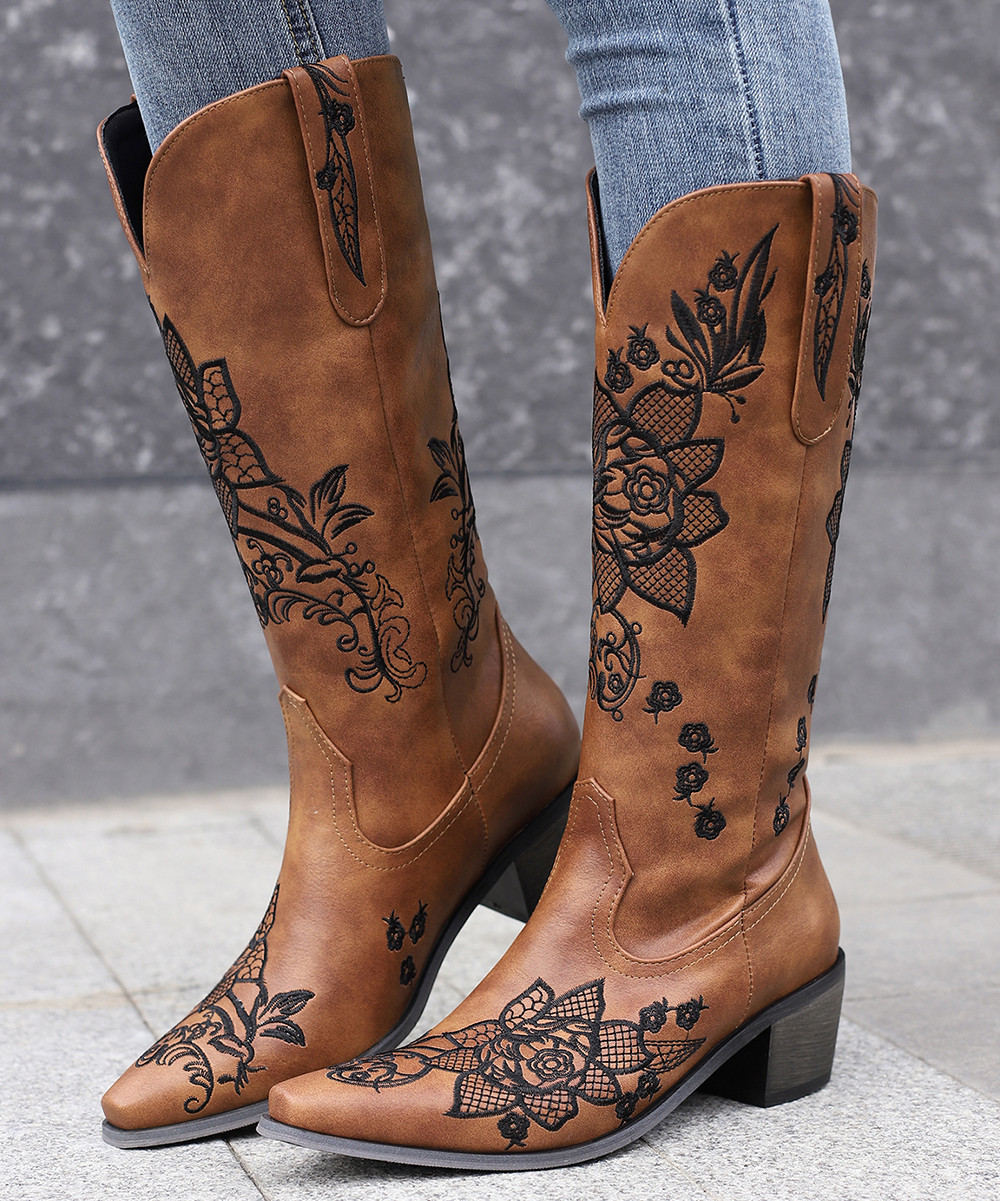 BUTITI Women's Western Boots BROWN - Brown & Black Floral Embroidered Cowboy Boot - Women | Zulily