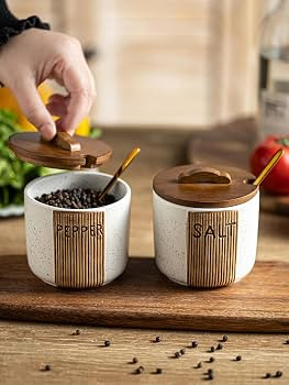 Salt and Pepper Bowl Ceramic, 10 Oz Salt and Pepper Cellar with Lid and Spoon, Farmhouse Salt Con... | Amazon (US)