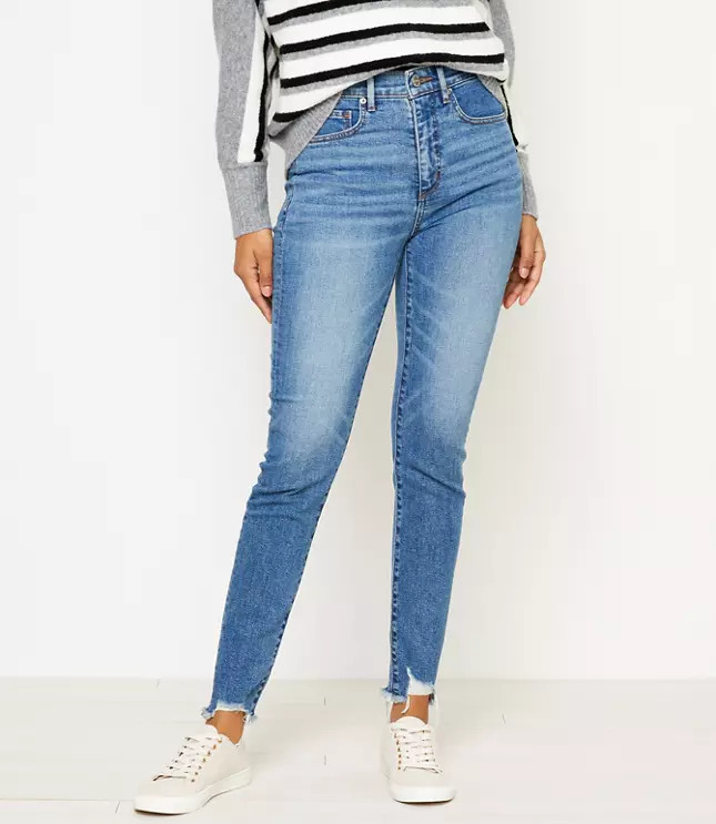 Petite High Waist Chewed Hem Jeans in Authentic Vintage Mid Indigo Wash | LOFT