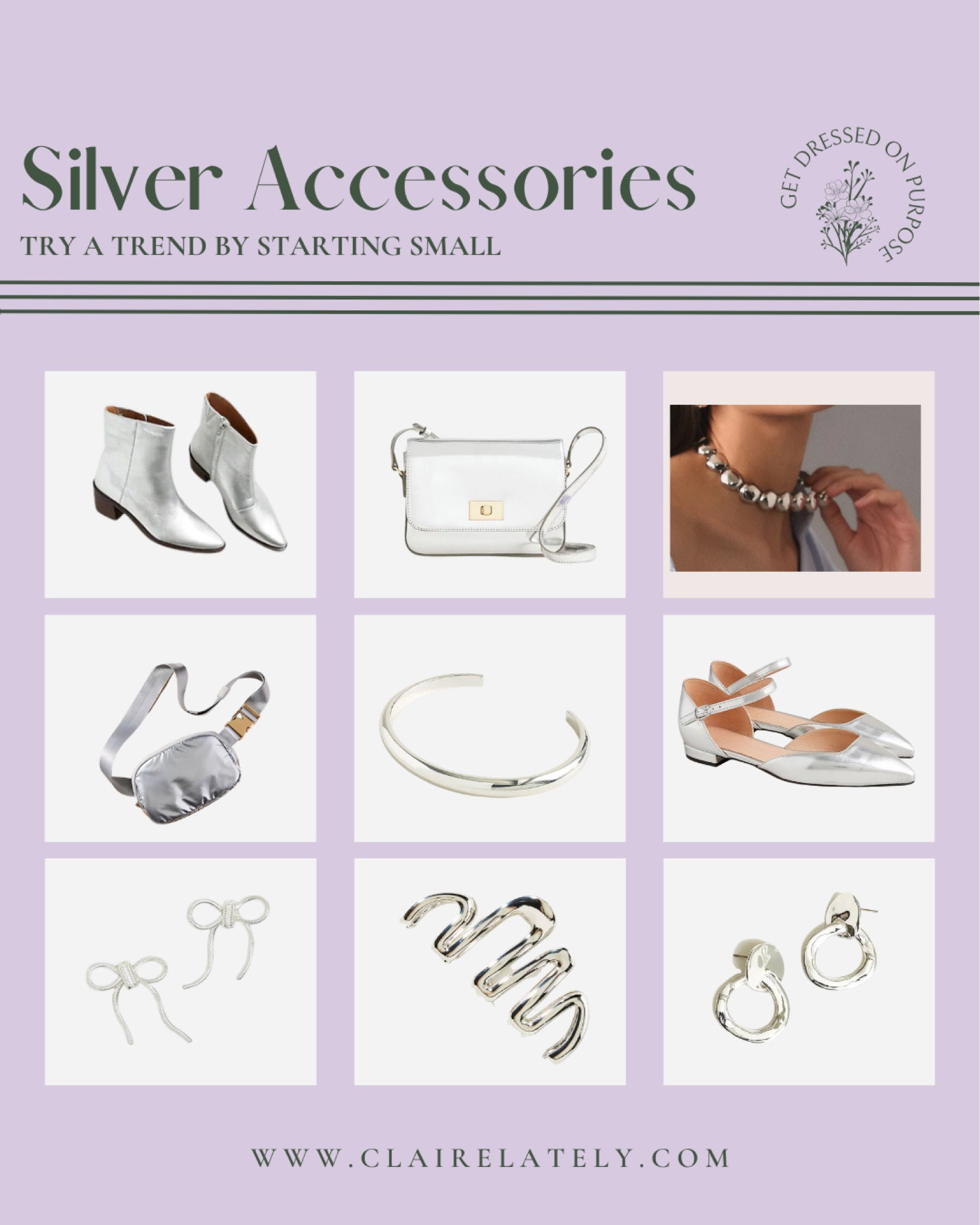 An easy and relatively inexpensive way to see if the silver metallic trend is for you is by dipping your toe in with accessories - and see how you feel. Here are some options - love, Claire Lately 

Boots, fall shoes, necklace, cuff, jewelry, bow earrings, hair clip, belt bag 

#LTKxMadewell #LTKstyletip #LTKfindsunder50