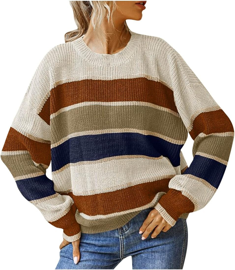 Women's Oversized Knitted Sweater Casual Long Sleeve Stripe Splicing Pullover Tops Dressy Comfy L... | Amazon (US)