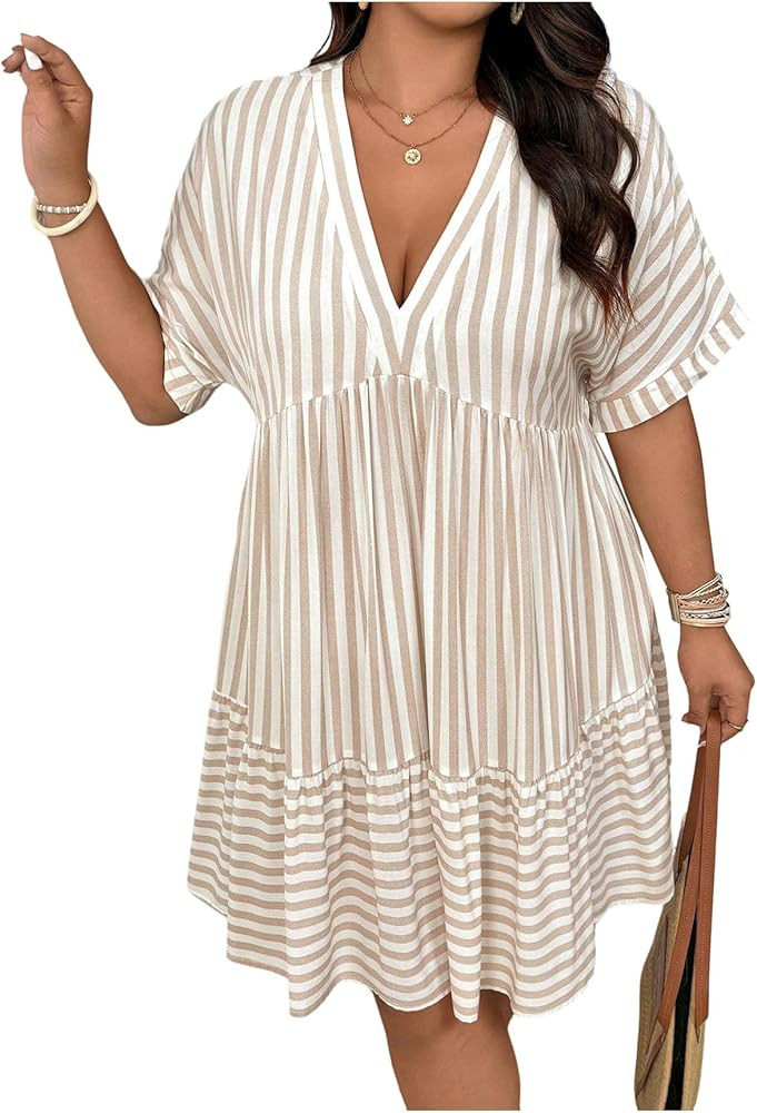 SOLY HUX Women's Plus Size Striped Ruffle Dress Summer Deep V Neck Half Sleeve Flowy Babydoll Dre... | Amazon (US)