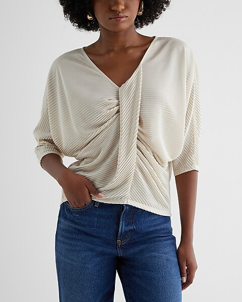 Skimming V-Neck Pleated Twist Front Draped Tee | Express